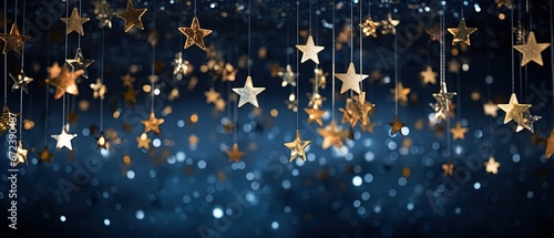 hanging golden star ornament room decoration for festive theme, blue background, Generative Ai 