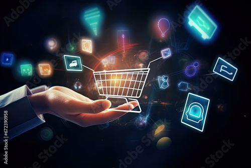 Online shopping, digital shopping cart, e-commerce, person typing on a laptop, to buy products & services on a website, portal, internet sales, virtual store, marketplace, checkout, payment, order,