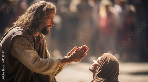 The healing of the blind man by Jesus, showing the moment of the miracle, Life of Jesus, blurred background, with copy space