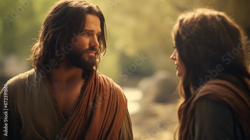 Jesus speaking with the Samaritan woman at the well, Life of Jesus, blurred background, with copy space