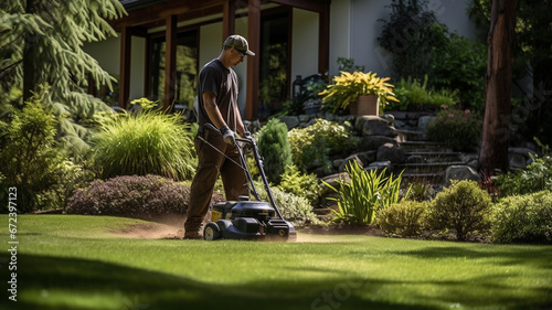 gardener in the garden cutting a grass