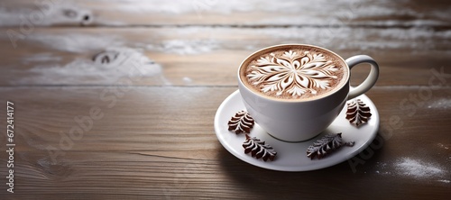 banner Coffee cups with Christmas snowflake latte art, holidays food art for Merry Christmas and Happy New Year, copyspace.