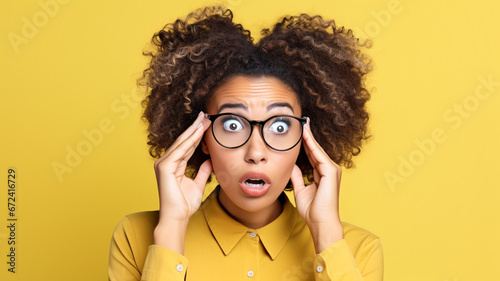 Photo of young funny african american woman brown hair pouty lips unexpected holding specs cant believe her eyes isolated on yellow color background. 
