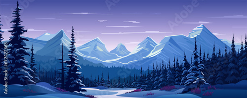Beautiful night winter panoramic landscape of forest and mountains. Magnificent snow-capped mountains, forest, trees, snowdrifts and an amazing evening sky with clouds. Christmas Eve.