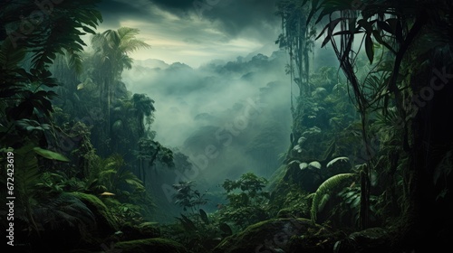  a painting of a jungle scene with fog in the air and trees in the foreground and clouds in the background. generative ai