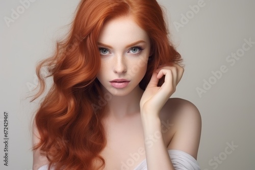 Glamorous redhead, hand in hair, delicate and fragile skin