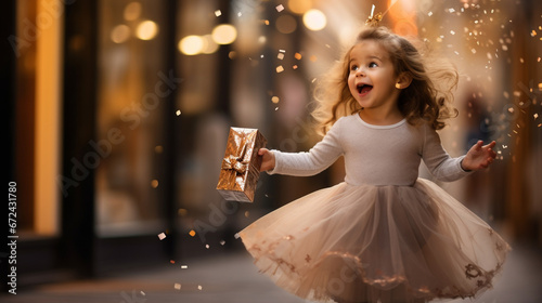 A young girl in a tulle skirt, twirling with excitement as she holds up a new pair of ballet slippers, joyful child looking for gifts under the tree, blurred background