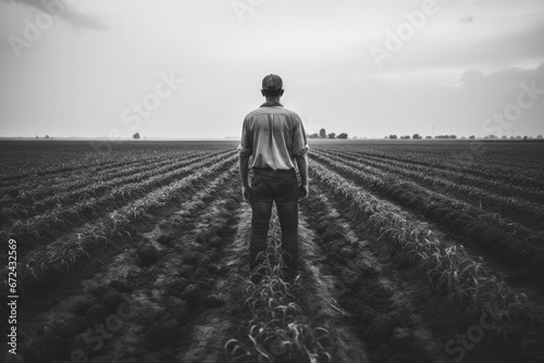 Depressed farmer standing alone in vast unproductive agricultural fields under grayscale sky 