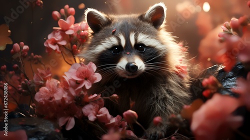 Art illustration of cute raccoon in flower