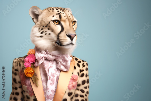 Creative animal concept. Cheetah in glam fashionable couture high end outfits isolated on bright background advertisement, copy space. birthday party invite invitation banner 