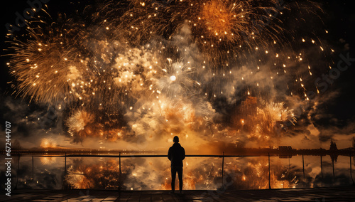 Silhouette of Man Watching New Year's Golden Fireworks by the Lake, Generative AI