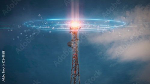 5G 4G Telecommunication tower. Telecom Antenna and Satellite Mobile Signals and Radio Waves Animation concept