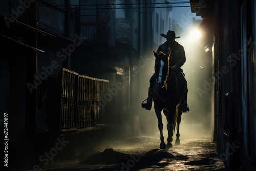 lone cowboy ride in western town alley at night