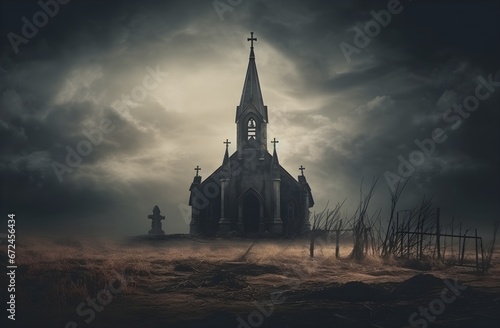Gothic abandoned dark church exterior. Mystic, horror, surreal, dramatic scene. Halloween realistic disturbing background. Digital 3D illustration wallpaper