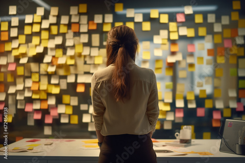 Stressed Young female employee standing backwards with conflicting priorities and To many sticky notes and reminders in the office