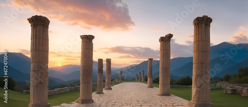 Walkway with ancient roman columns at mountains at sunset from Generative AI