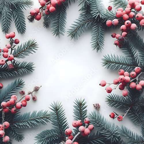 Red Berries, Spruce Branches on White Background with Space for Text
