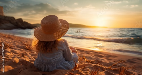 Seaside Serenity - Rear view Little girl in straw hat sitting on sand and watching sunset on the beach. Generative AI