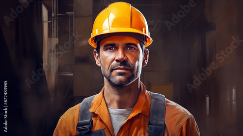 Portrait of a construction worker. Male builder in yellow helmet. Warehouse worker in uniform. Colorful background. Created using AI generation