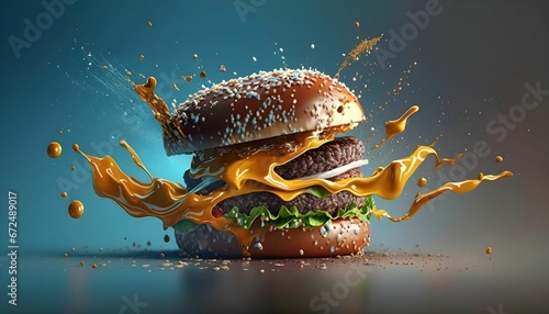 AI generated illustration of A freshly-made hamburger with a juicy topping of melted cheese