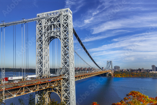 A close view of George Washington Bridge in the Fort Lee Historic park in Autumn