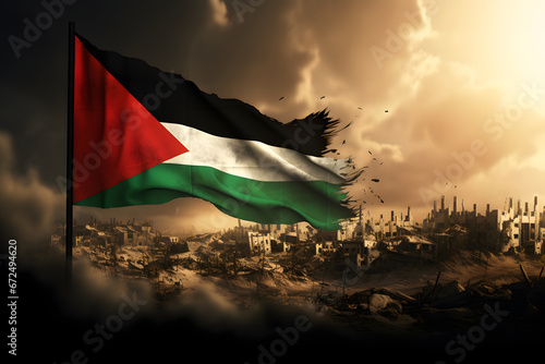 Palestine Flag with war background, war scene, destructed city background generative ai