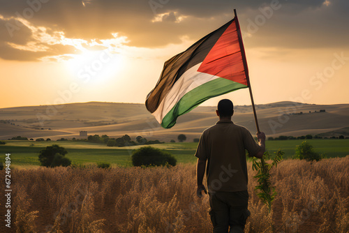 A farmer in field with a Palestine flag in hand waiving, Palestine flag with rising sun background