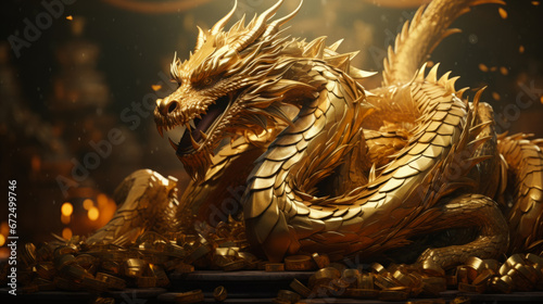Close up of Golden dragon surrounded with golden coins. Wealth and prosperity concept.