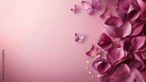 Pink ribbon with butterfly and flower decoration. Design for International Women's Day, breast cancer awareness, Mother's day, Valentine's Day. Concept design for ad, social media. Generative AI