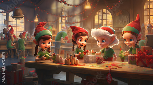 Christmas elves making toys in the workshop