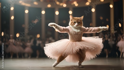 A graceful ballerina cat is twirling on stage, adorned in a tutu and ballet slippers, captivating the audience with her elegant dance moves.Generative AI