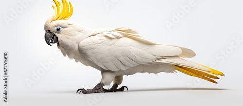 The sulphur crested parrot has a beak that is black and a crest that is yellow and it is white in color