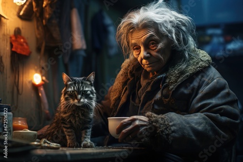 Within her disorderly and humble dwelling, a very old, unkempt woman with silver hair shares her space with her cat, both in shabby attire
