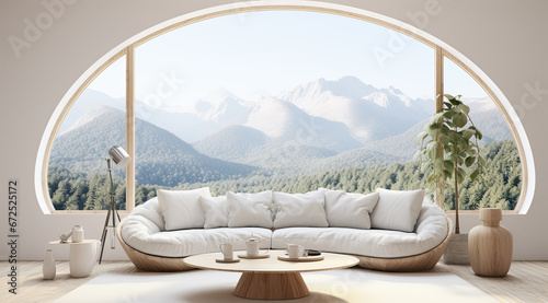 Living room with minimalist style and view overlooking nature