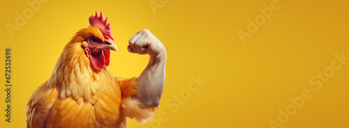 Muscle chicken gesture fist pump with copyspace, Rooster fighter showing fighting pose on bright color studio background