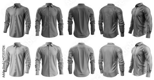 2 Set of grey gray button up long sleeve collar shirt front, back and side view on transparent background cutout, PNG file. Mockup template for artwork graphic design