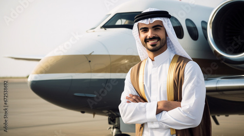 Airport business man near by plane. Young arabian male professional hip businessman boarding jet airplane going flying on business trip. Formal male wearing suit.