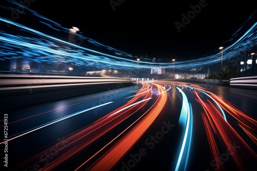 Generative AI image of a long exposure light trails , motor racing, at night