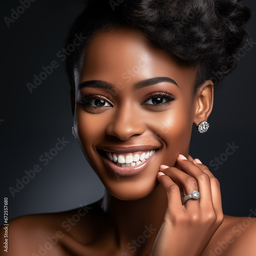 Photography of black european model showing off a diamond ring, earrings or necklace. You can use it in your advertising or other high quality prints.