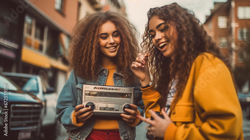 90s teens dance with boombox in the city.