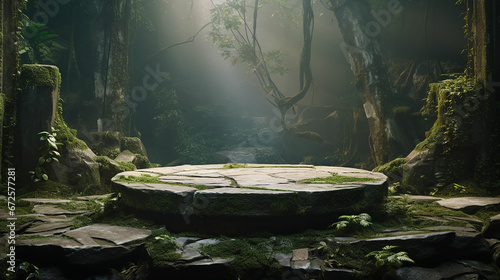 Flat stone podium in the magical forest , empty round stand background. Made with generative ai