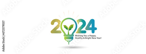 Creative concept of 2024 New year. Green, futuristic, sustainable, renewable energy technology background with light bulb design.