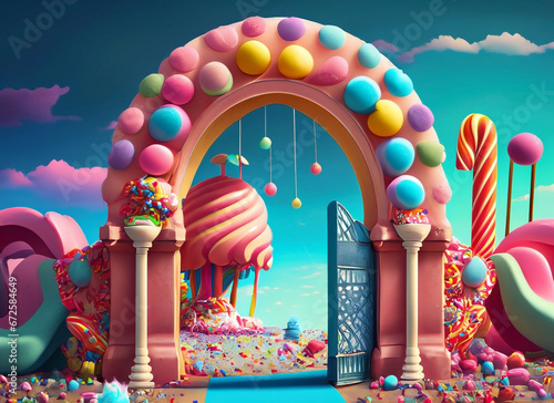 3D rendering of a beautiful arch with colorful lollipops and candies