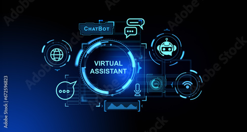 Virtual assistant hologram and social media icons, AI and chat bot communication