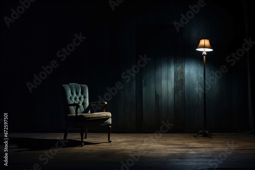 single chair in a dark room like a torture chamber or interrogation room, banner, header, wallpaper