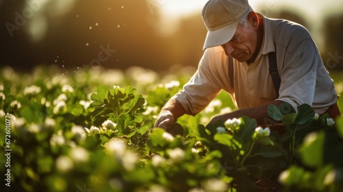 An elderly farmer sows fertilizer in a bright green cotton field.
