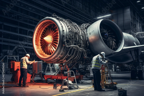 Aircraft Jet engine maintenance in airplane hangar, aesthetic look