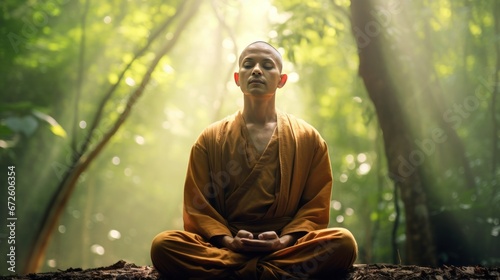 Thai monk meditating in the green forest