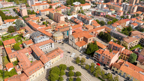 Aerial view of the parish church of San Remigio in Vimodrone, in the metropolitan city and archdiocese of Milan, Italy. This Catholic place of worship is part of the deanery of Cologno Monzese.