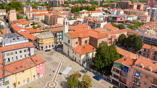 Aerial view of the parish church of San Remigio in Vimodrone, in the metropolitan city and archdiocese of Milan, Italy. This Catholic place of worship is part of the deanery of Cologno Monzese.